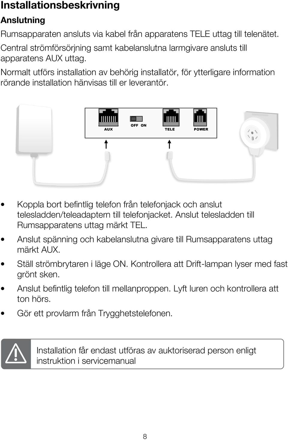 AUX OFF ON TELE POWER Koppla bort befintlig telefon från telefonjack och anslut telesladden/teleadaptern till telefonjacket. Anslut telesladden till Rumsapparatens uttag märkt TEL.