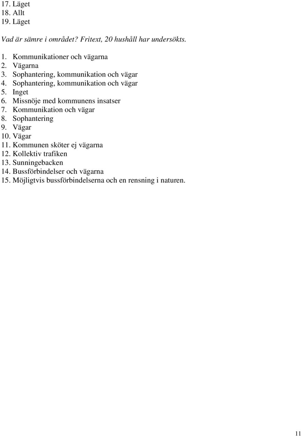 Missnöje med kommunens insatser 7. Kommunikation och vägar 8. Sophantering 9. Vägar 0. Vägar. Kommunen sköter ej vägarna 2.