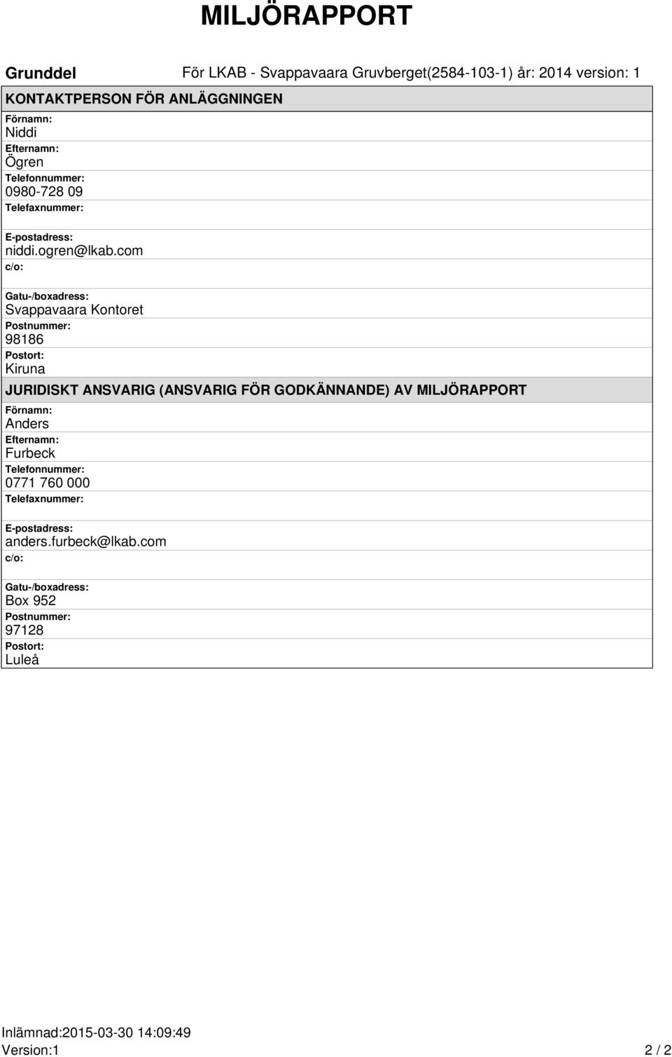 com c/o: Gatu-/boxadress: Svappavaara Kontoret Postnummer: 98186 Postort: Kiruna JURIDISKT ANSVARIG (ANSVARIG FÖR GODKÄNNANDE) AV MILJÖRAPPORT