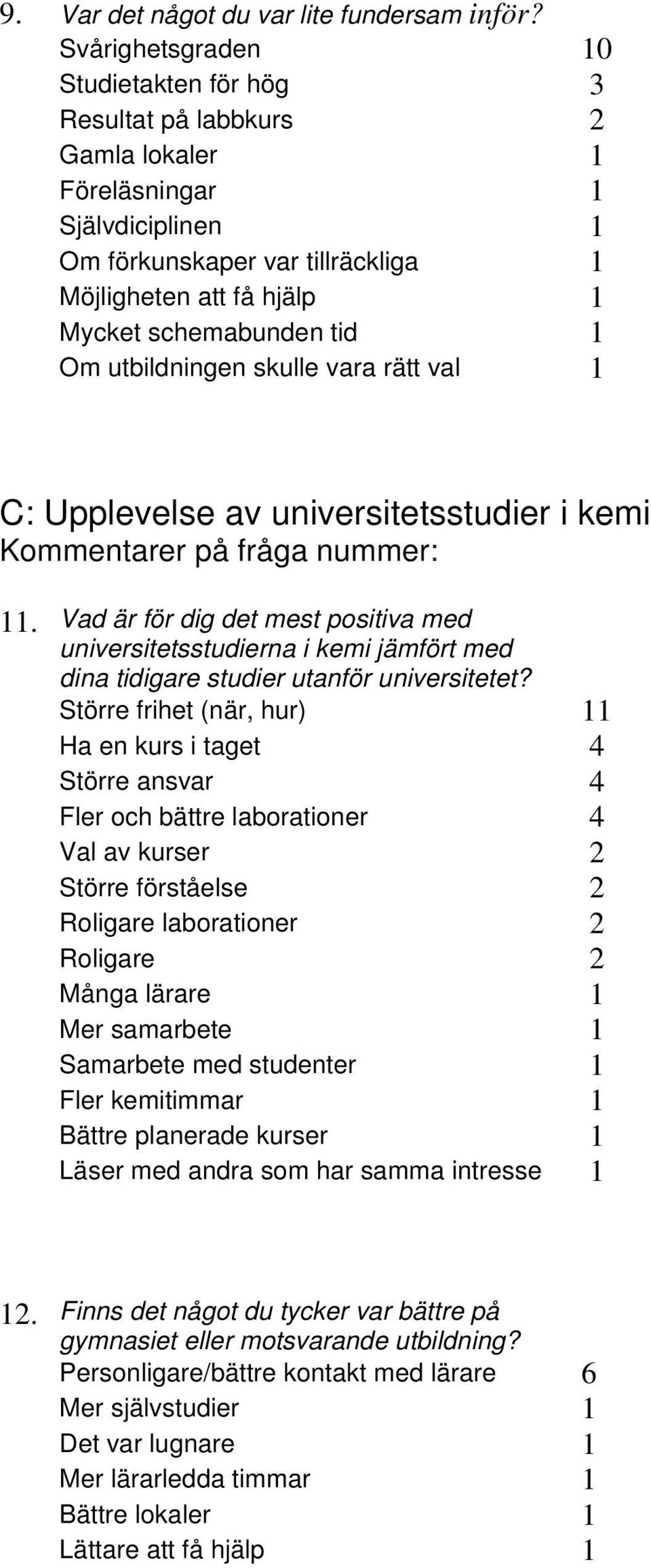 tid 1 Om utbildningen skulle vara rätt val 1 C: Upplevelse av universitetsstudier i kemi Kommentarer på fråga nummer: 11.