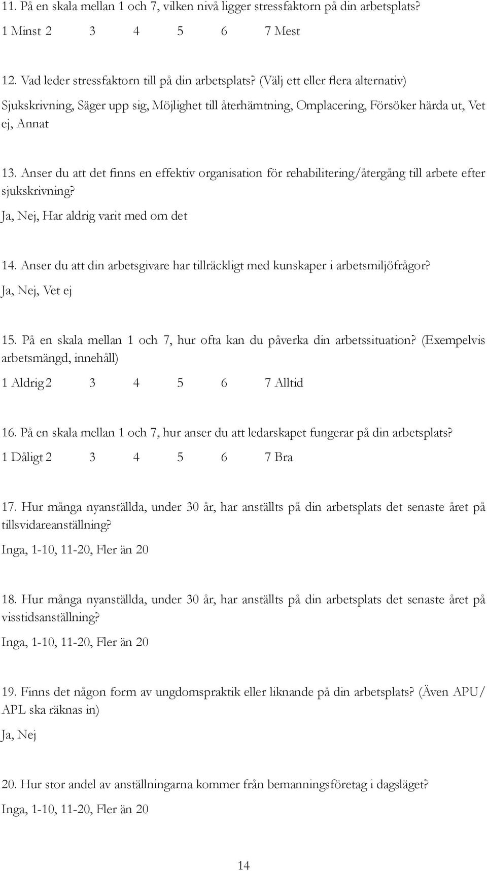 Anser du att det finns en effektiv organisation för rehabilitering/återgång till arbete efter sjukskrivning? Ja, Nej, Har aldrig varit med om det 14.