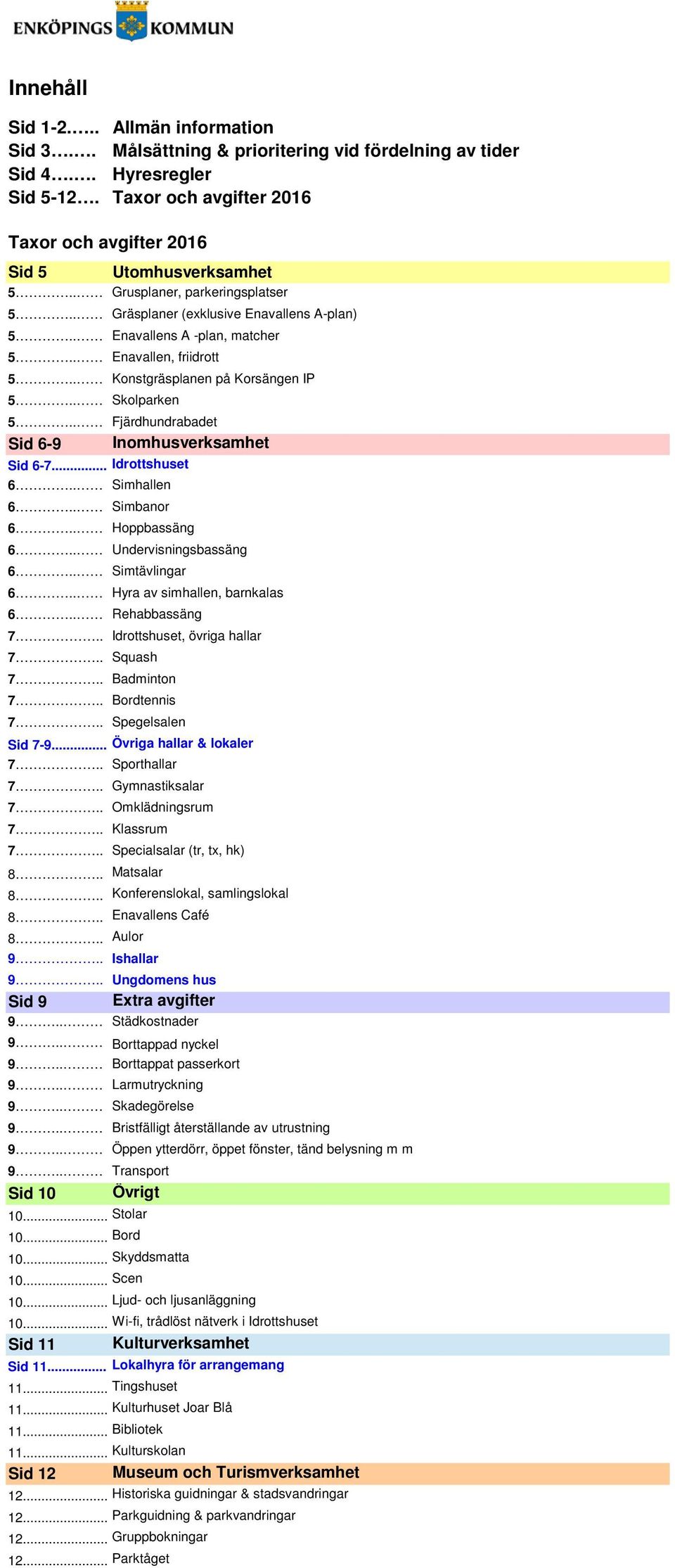 . Enavallen, friidrott 5.. Konstgräsplanen på Korsängen IP 5.. Skolparken 5.. Fjärdhundrabadet Sid 6-9 Inomhusverksamhet Sid 6-7... Idrottshuset 6.. Simhallen 6.. Simbanor 6.. Hoppbassäng 6.