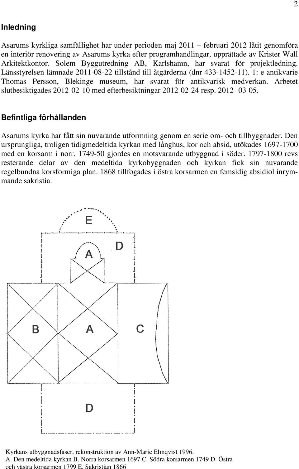 1: e antikvarie Thomas Persson, Blekinge museum, har svarat för antikvarisk medverkan. Arbetet slutbesiktigades 2012-02-10 med efterbesiktningar 2012-02-24 resp. 2012-03-05.