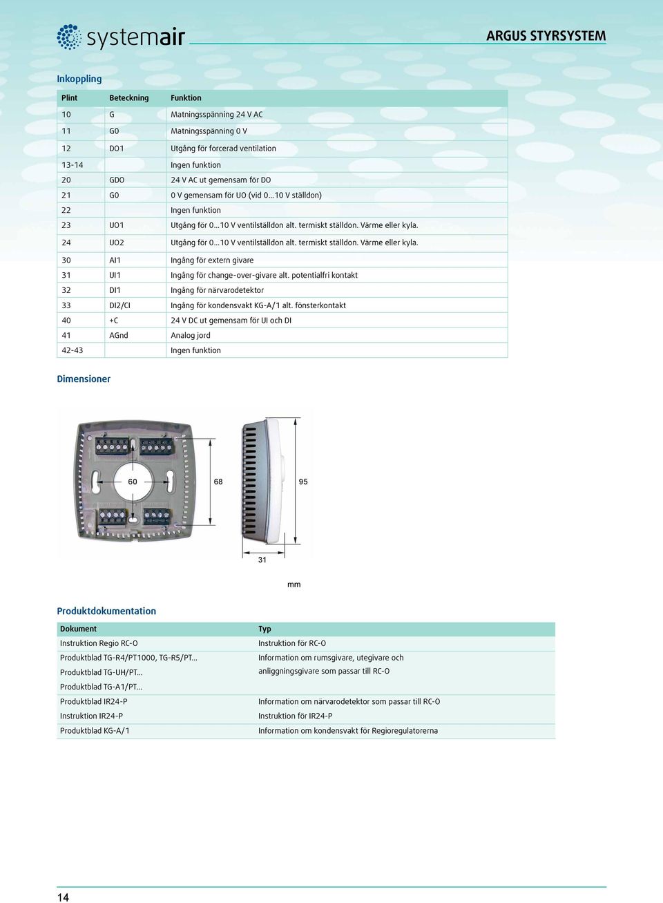 24 UO2 Utgång för 0...10 V ventilställdon alt. termiskt ställdon. Värme eller kyla. 30 AI1 Ingång för extern givare 31 UI1 Ingång för change-over-givare alt.