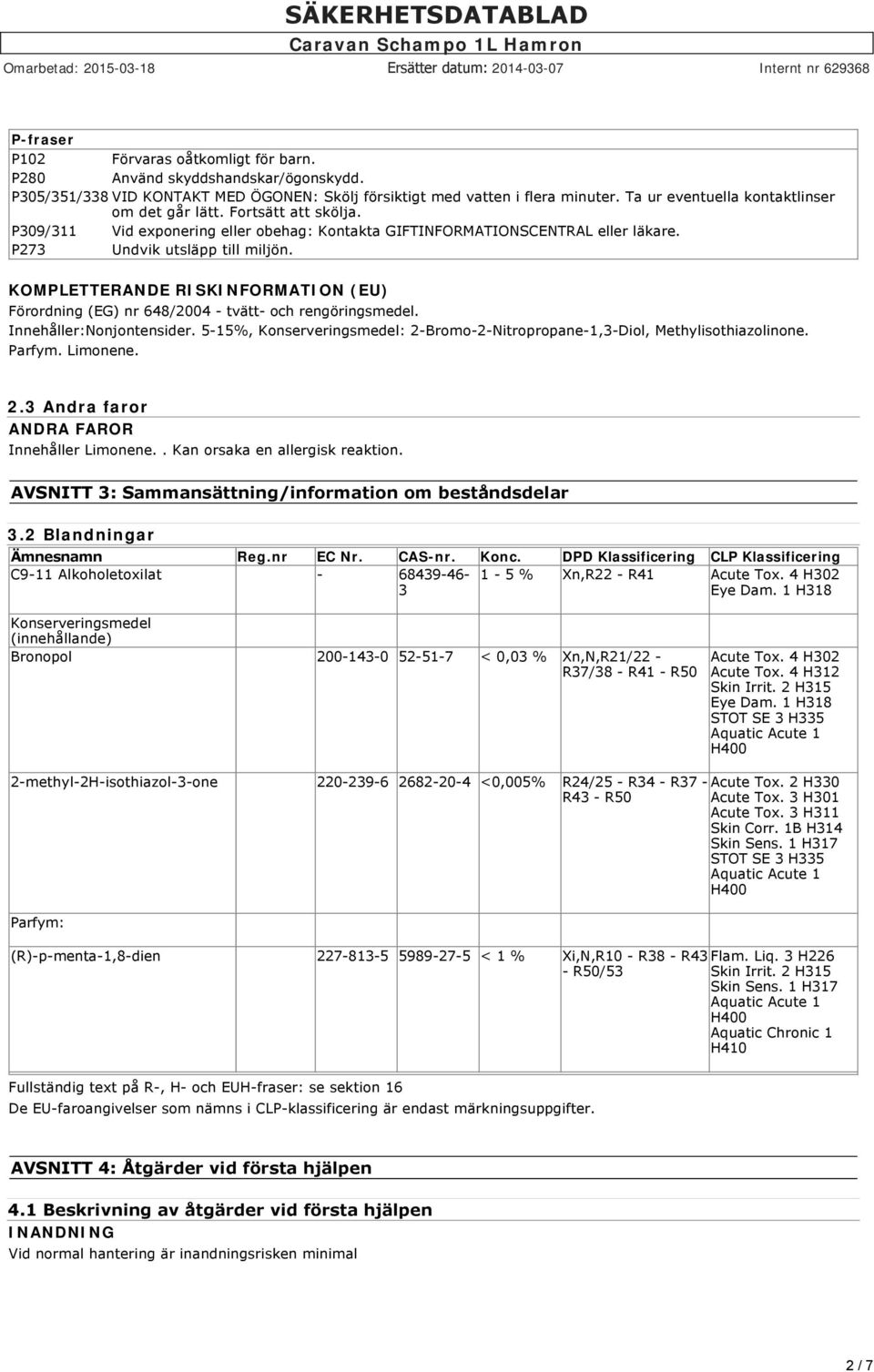 KOMPLETTERANDE RISKINFORMATION (EU) Förordning (EG) nr 648/2004 tvätt och rengöringsmedel. Innehåller:Nonjontensider. 5 15%, Konserveringsmedel: 2 Bromo 2 Nitropropane 1,3 Diol, Methylisothiazolinone.