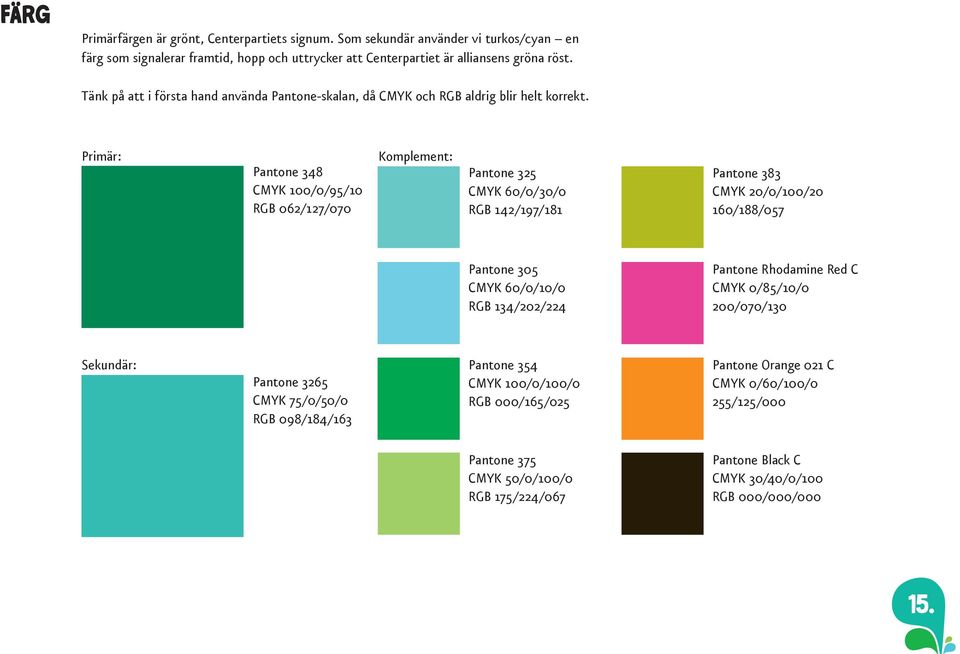 Primär: Pantone 348 CMYK 100/0/95/10 RGB 062/127/070 Komplement: Pantone 325 CMYK 60/0/30/0 RGB 142/197/181 Pantone 383 CMYK 20/0/100/20 160/188/057 Pantone 305 CMYK 60/0/10/0 RGB