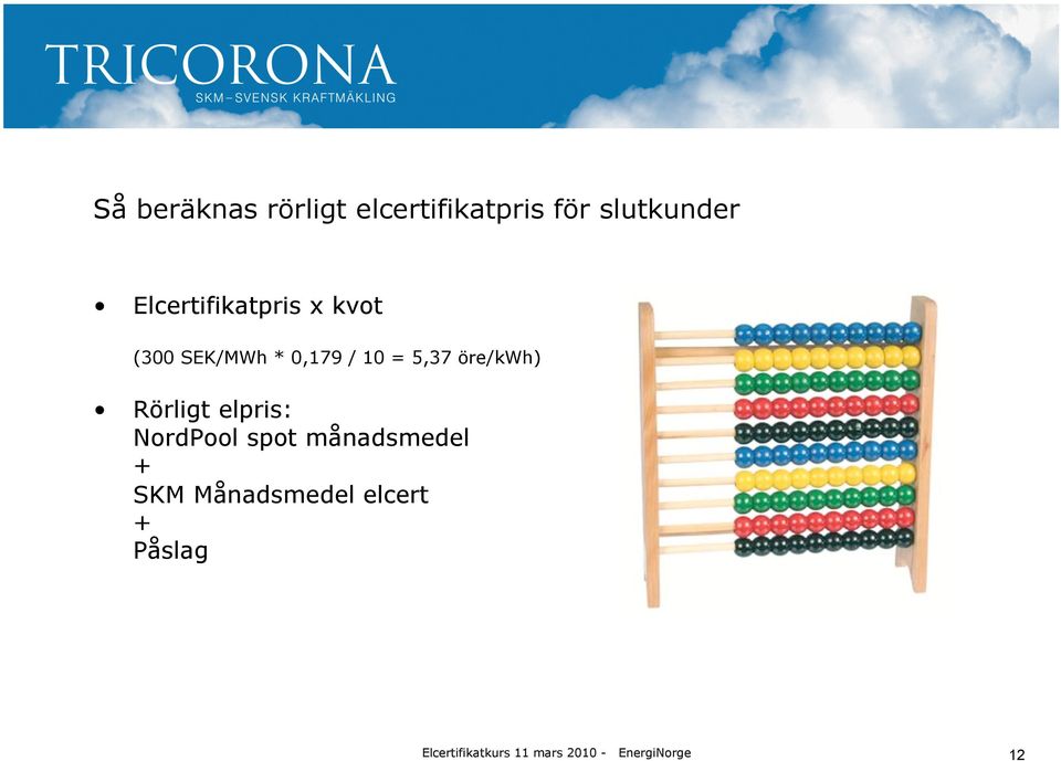 * 0,179 / 10 = 5,37 öre/kwh) Rörligt elpris: