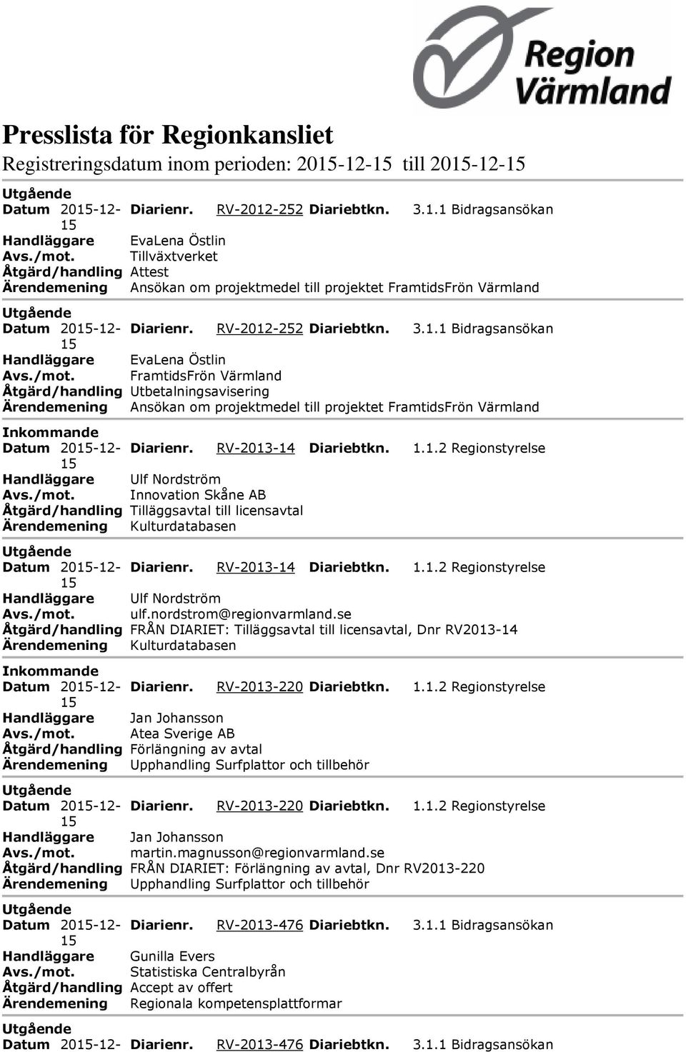 RV-2013-14 Diariebtkn. 1.1.2 Regionstyrelse Ulf Nordström ulf.nordstrom@regionvarmland.