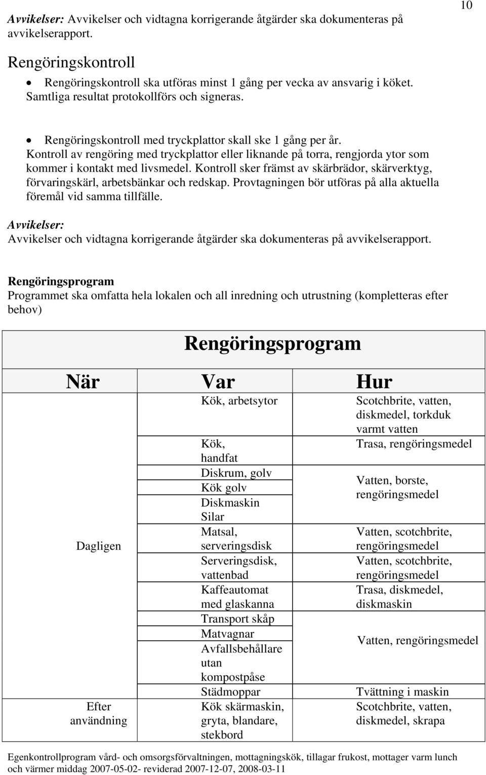 Kontroll av rengöring med tryckplattor eller liknande på torra, rengjorda ytor som kommer i kontakt med livsmedel.