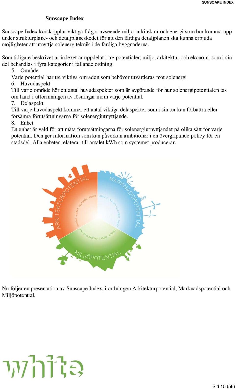 Som tidigare beskrivet är indexet är uppdelat i tre potentialer; miljö, arkitektur och ekonomi som i sin del behandlas i fyra kategorier i fallande ordning: 5.