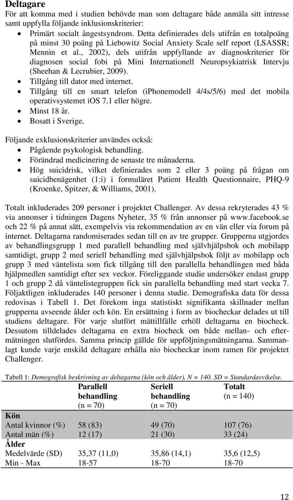 , 2002), dels utifrån uppfyllande av diagnoskriterier för diagnosen social fobi på Mini Internationell Neuropsykiatrisk Intervju (Sheehan & Lecrubier, 2009). Tillgång till dator med internet.