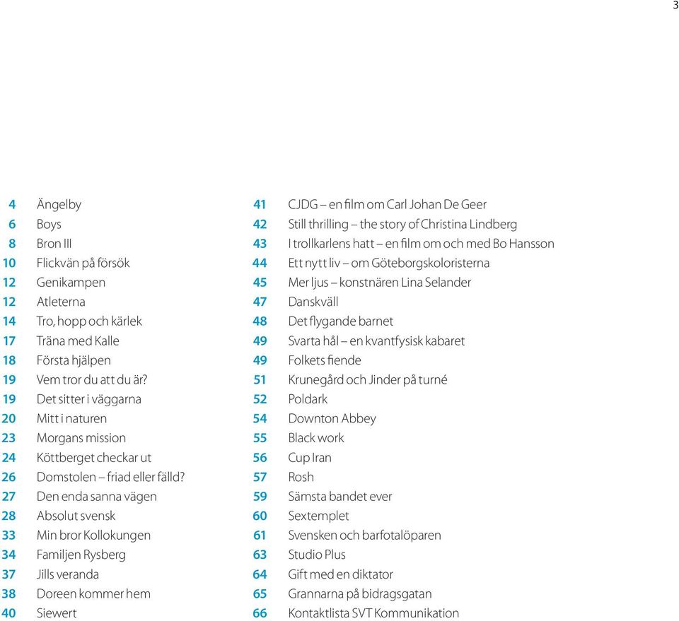 27 Den enda sanna vägen 28 Absolut svensk 33 Min bror Kollokungen 34 Familjen Rysberg 37 Jills veranda 38 Doreen kommer hem 40 Siewert 41 CJDG en film om Carl Johan De Geer 42 Still thrilling the