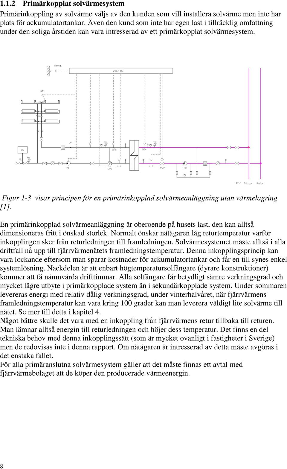 Figur 1-3 visar principen för en primärinkopplad solvärmeanläggning utan värmelagring [1].