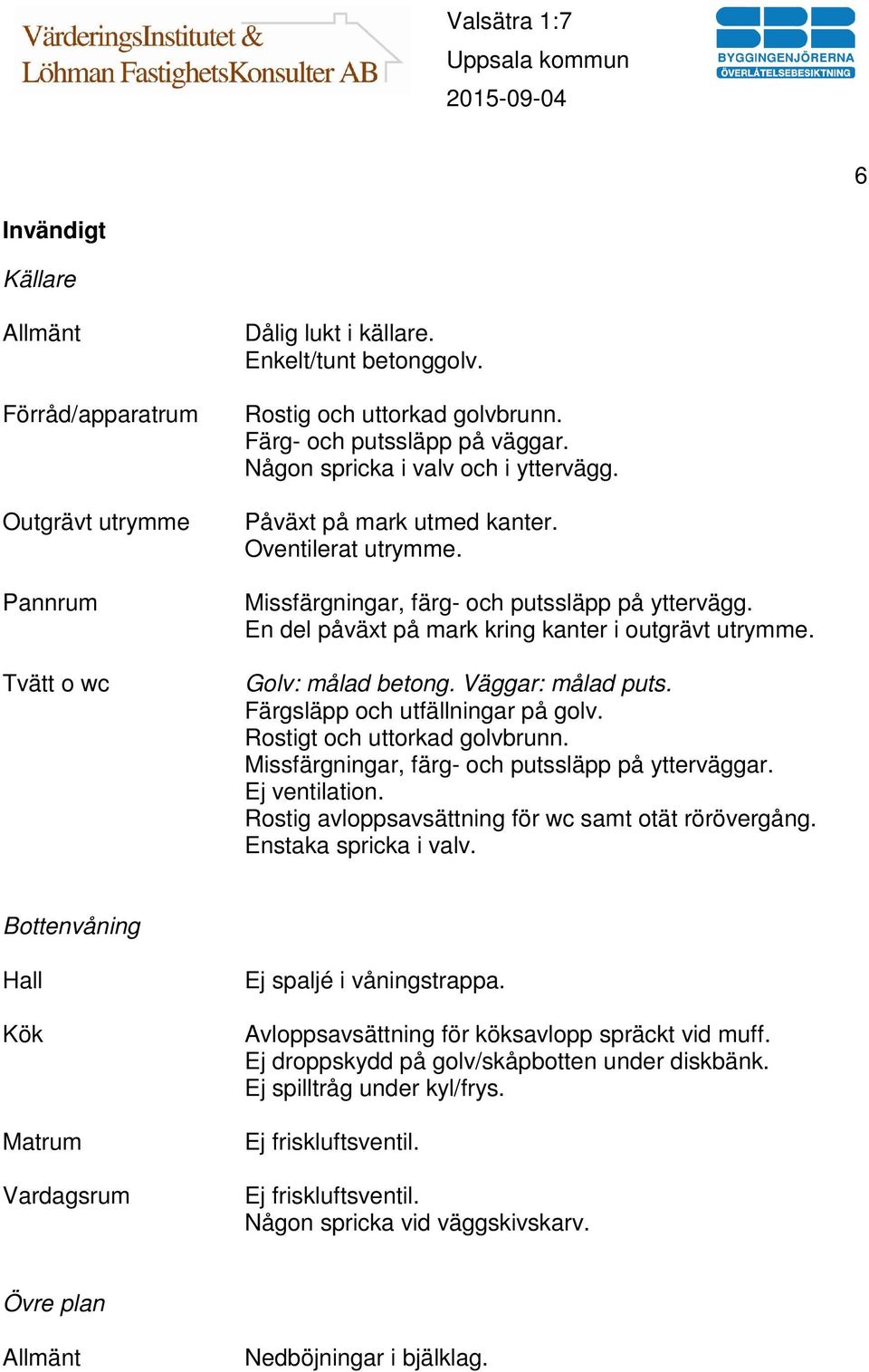 Golv: målad betong. Väggar: målad puts. Färgsläpp och utfällningar på golv. Rostigt och uttorkad golvbrunn. Missfärgningar, färg- och putssläpp på ytterväggar. Ej ventilation.