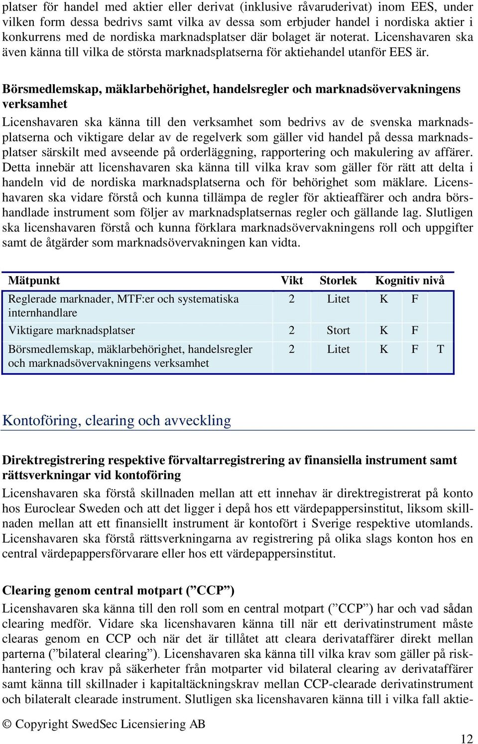 Börsmedlemskap, mäklarbehörighet, handelsregler och marknadsövervakningens verksamhet Licenshavaren ska känna till den verksamhet som bedrivs av de svenska marknadsplatserna och viktigare delar av de