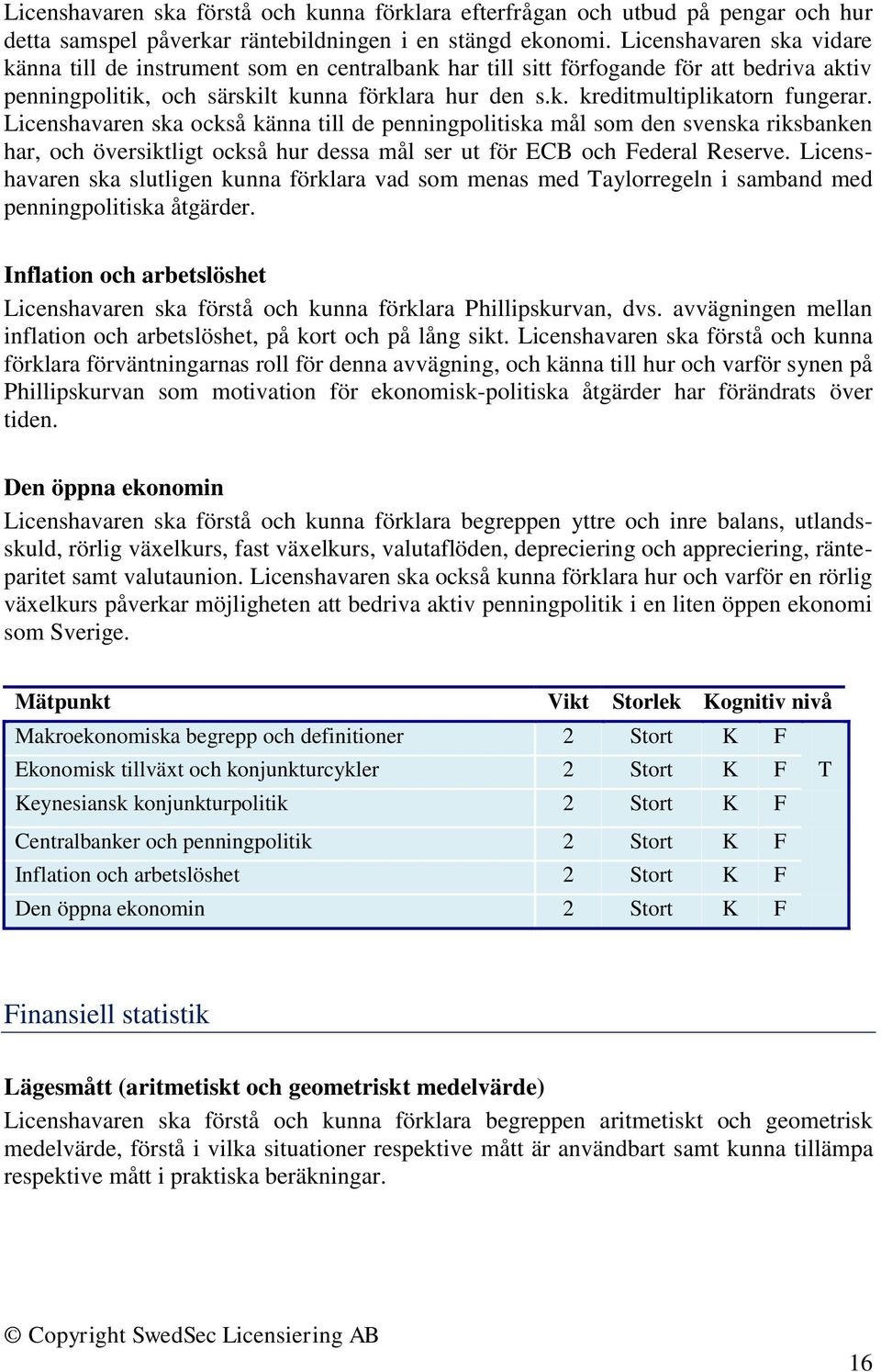 Licenshavaren ska också känna till de penningpolitiska mål som den svenska riksbanken har, och översiktligt också hur dessa mål ser ut för ECB och Federal Reserve.