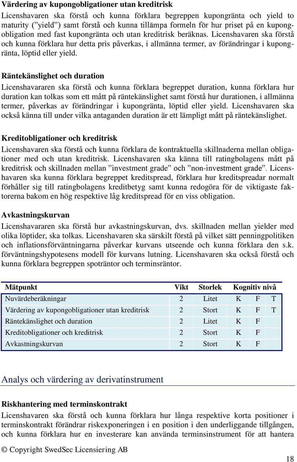 Licenshavaren ska förstå och kunna förklara hur detta pris påverkas, i allmänna termer, av förändringar i kupongränta, löptid eller yield.