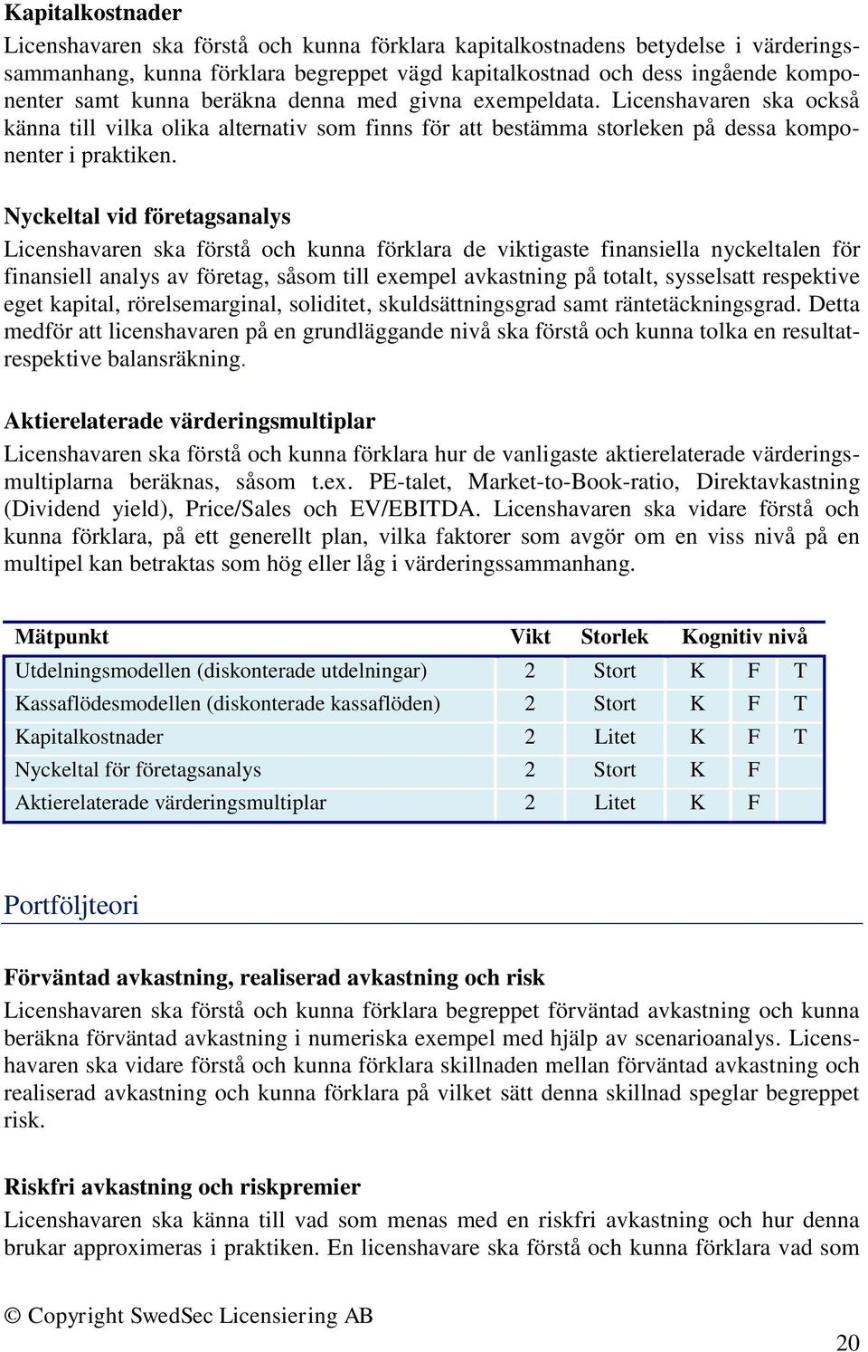 Nyckeltal vid företagsanalys Licenshavaren ska förstå och kunna förklara de viktigaste finansiella nyckeltalen för finansiell analys av företag, såsom till exempel avkastning på totalt, sysselsatt