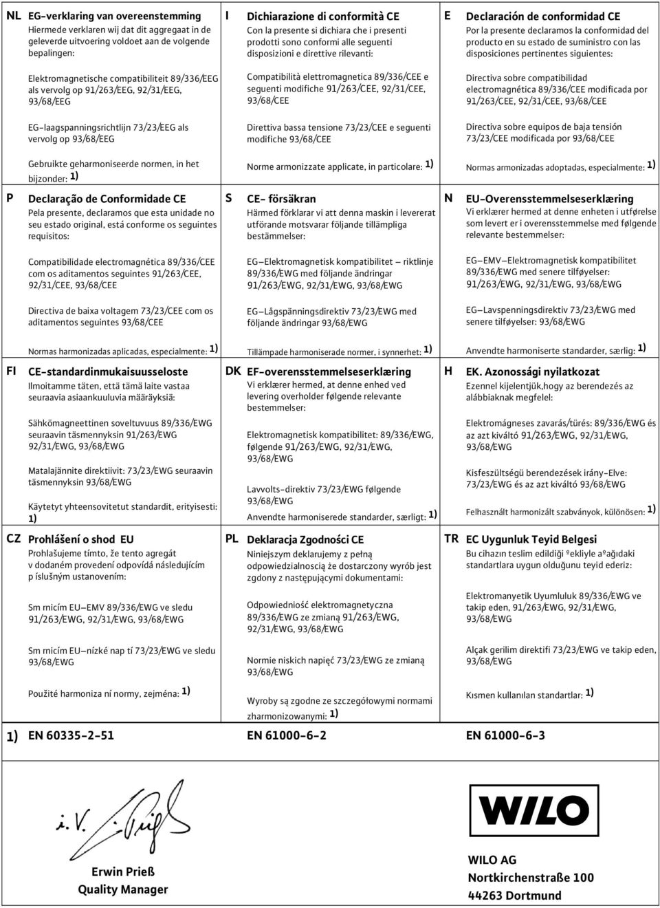 suministro con las disposiciones pertinentes siguientes: Elektromagnetische compatibiliteit 89/336/EEG als vervolg op 91/263/EEG, 92/31/EEG, 93/68/EEG Compatibilità elettromagnetica 89/336/CEE e