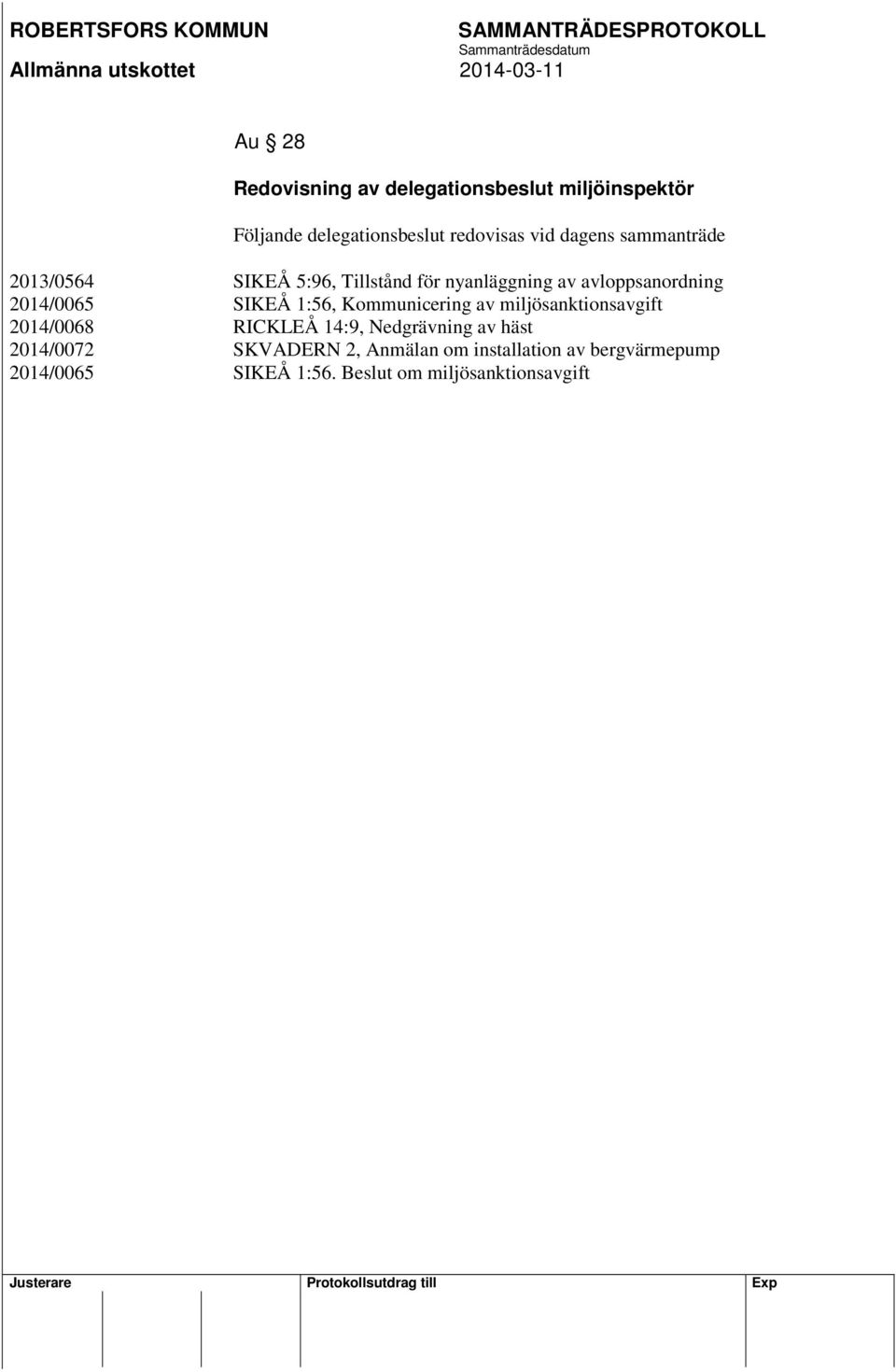 SIKEÅ 1:56, Kommunicering av miljösanktionsavgift 2014/0068 RICKLEÅ 14:9, Nedgrävning av häst