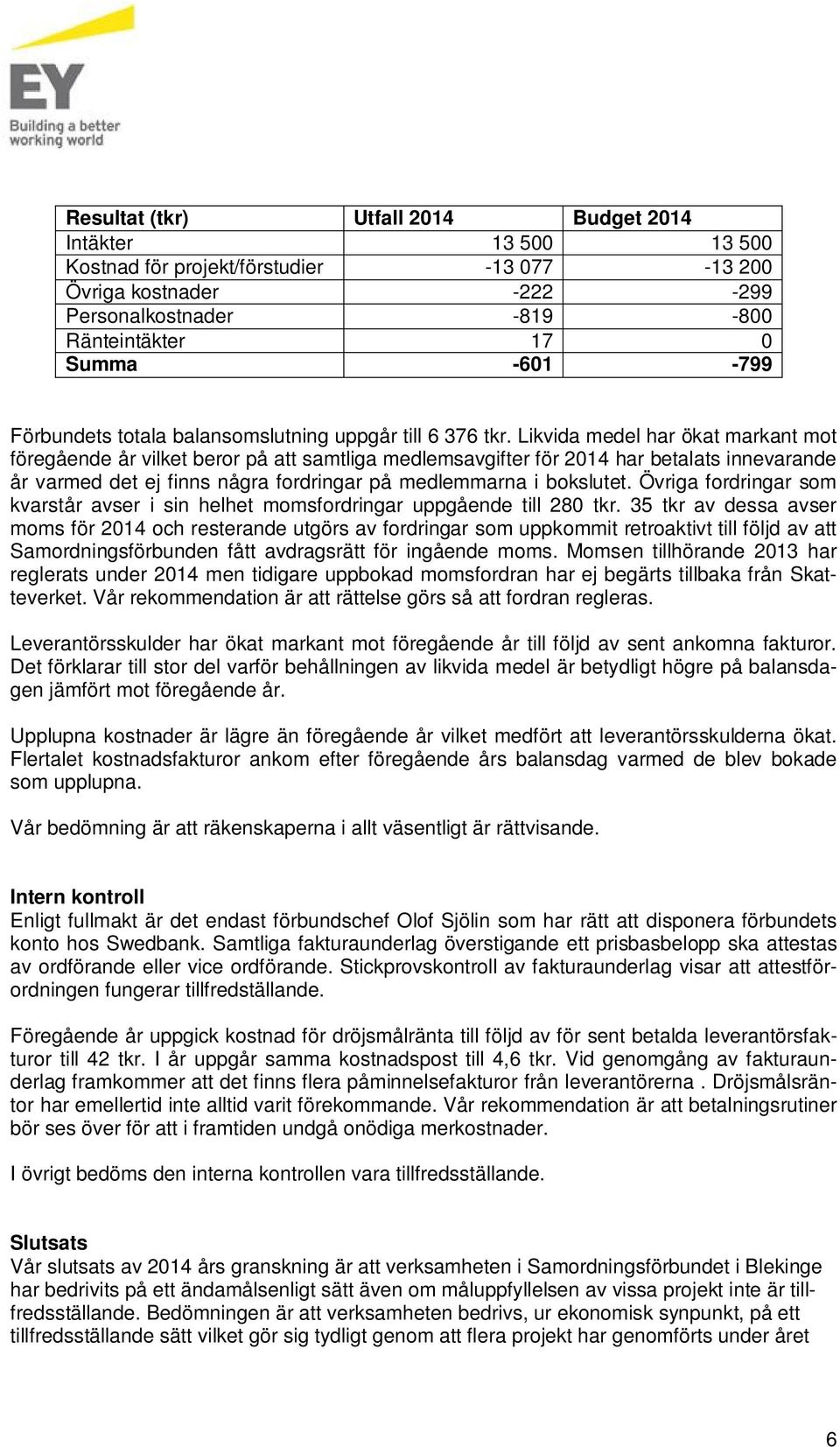 Likvida medel har ökat markant mot föregående år vilket beror på att samtliga medlemsavgifter för 2014 har betalats innevarande år varmed det ej finns några fordringar på medlemmarna i bokslutet.