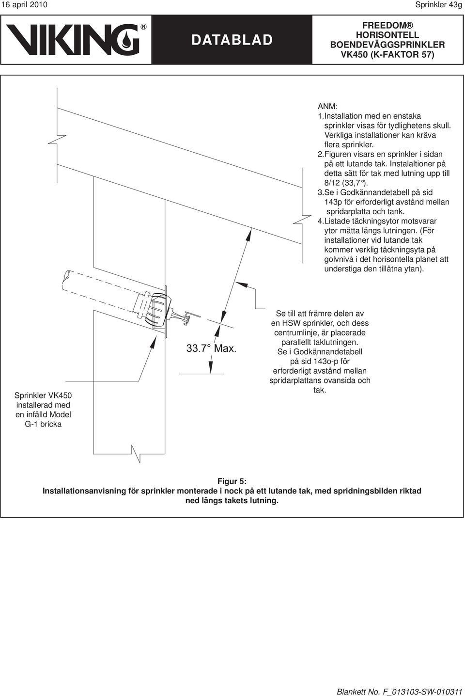 Listade täckningsytor motsvarar ytor mätta längs lutningen. (För installationer vid lutande tak kommer verklig täckningsyta på golvnivå i det horisontella planet att understiga den tillåtna ytan).