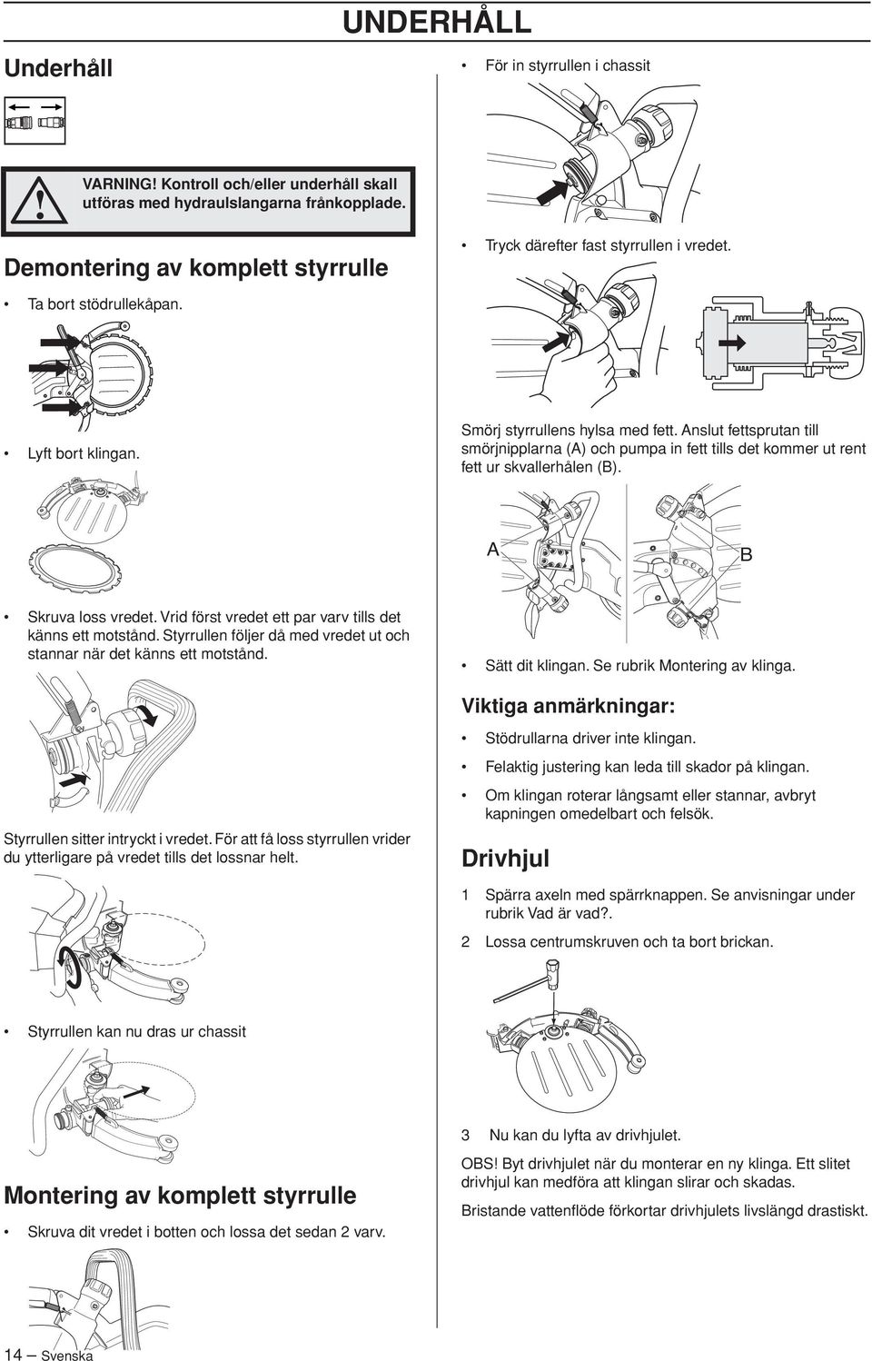 Anslut fettsprutan till smörjnipplarna (A) och pumpa in fett tills det kommer ut rent fett ur skvallerhålen (B). A B Skruva loss vredet. Vrid först vredet ett par varv tills det känns ett motstånd.