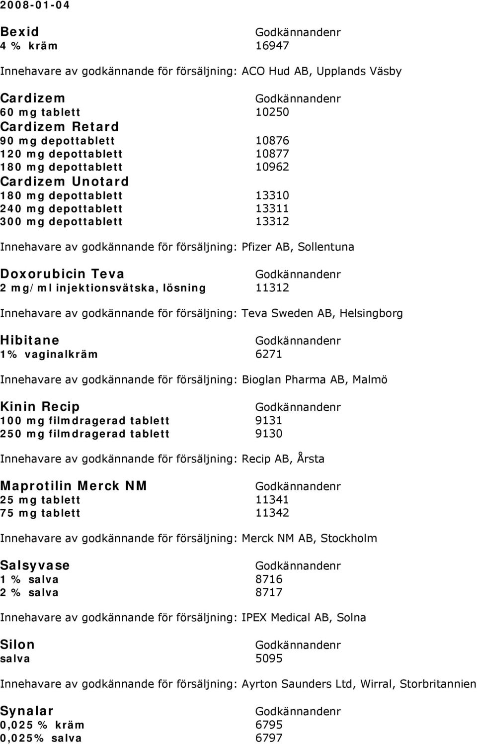 Teva 2 mg/ml injektionsvätska, lösning 11312 Innehavare av godkännande för försäljning: Teva Sweden AB, Helsingborg Hibitane 1% vaginalkräm 6271 Innehavare av godkännande för försäljning: Bioglan