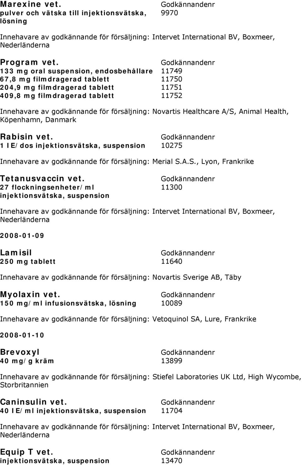 Novartis Healthcare A/S, Animal Health, Köpenhamn, Danmark Rabisin vet. 1 IE/dos injektionsvätska, suspension 10275 Innehavare av godkännande för försäljning: Merial S.A.S., Lyon, Frankrike Tetanusvaccin vet.