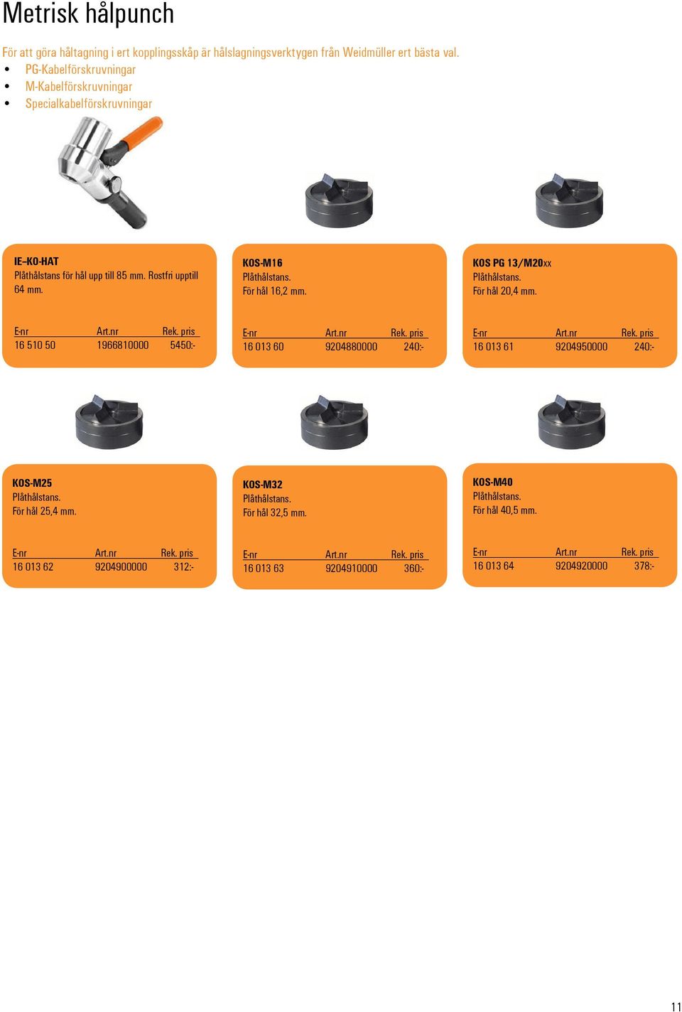 KOS-M16 Plåthålstans. För hål 16,2 mm. 16 510 50 16 013 60 1966810000 5450:- KOS-M25 Plåthålstans. För hål 25,4 mm. 16 013 62 KOS PG 13/M20 Plåthålstans.