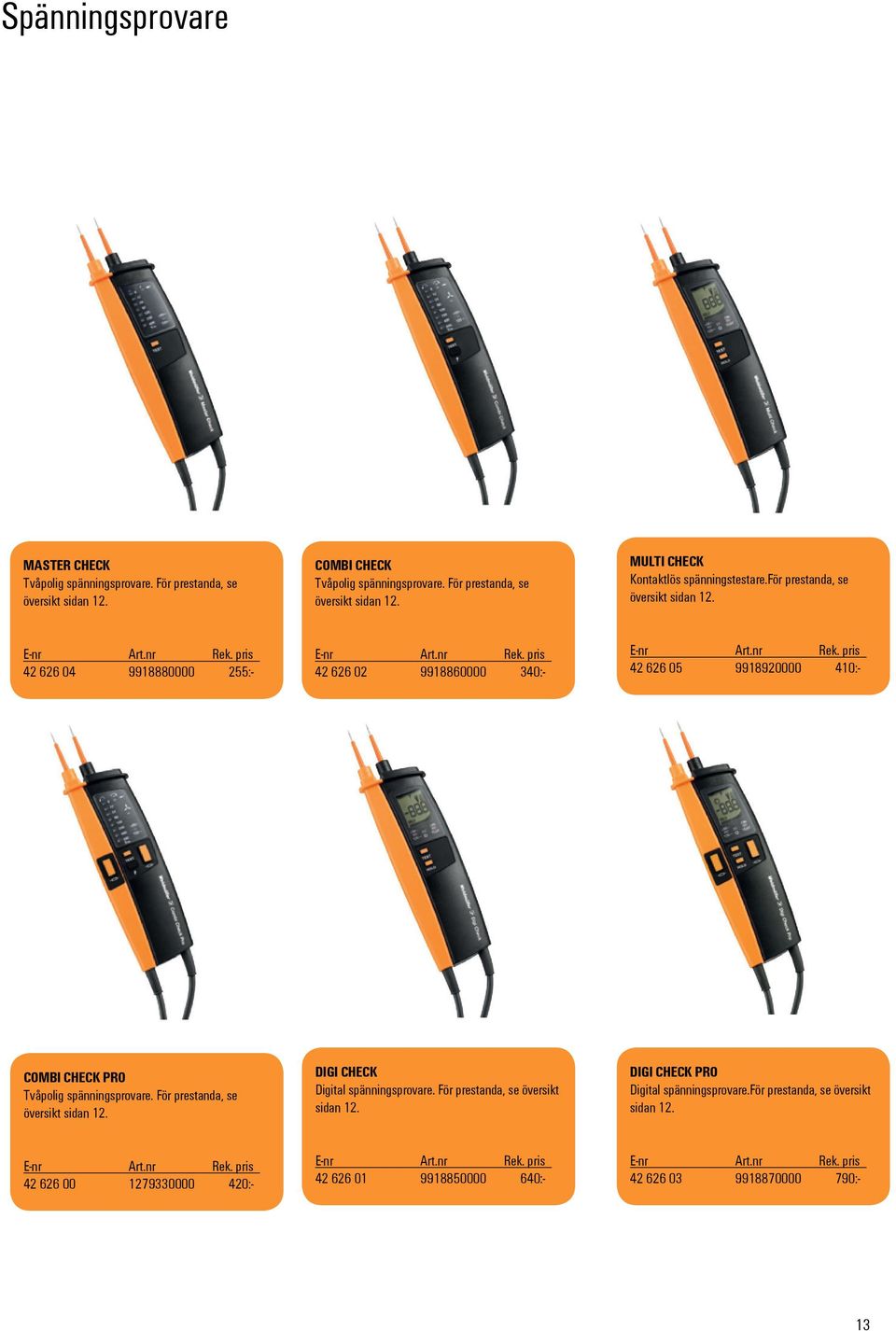 42 626 04 42 626 02 42 626 05 9918880000 255:- 9918860000 340:- 9918920000 410:- COMBI CHECK PRO Tvåpolig spänningsprovare. För prestanda, se översikt sidan 12.
