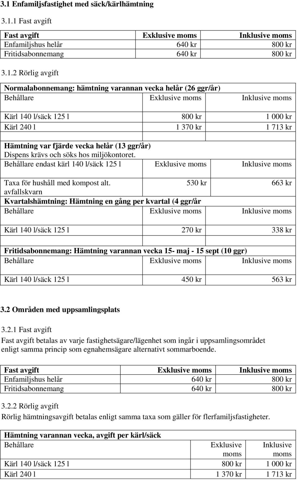 Behållare endast kärl 140 l/säck 125 l Taxa för hushåll med kompost alt.