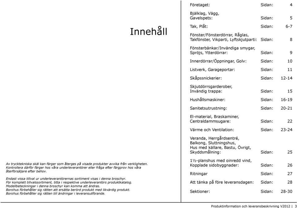 Sidan: 16-19 Sanitetsutrustning: Sidan: 20-21 El-material, Braskaminer, Centraldammsugare: Sidan: 22 Värme och Ventilation: Sidan: 23-24 Veranda, Herrgårdsentré, Balkong, Sluttningshus, Hus med