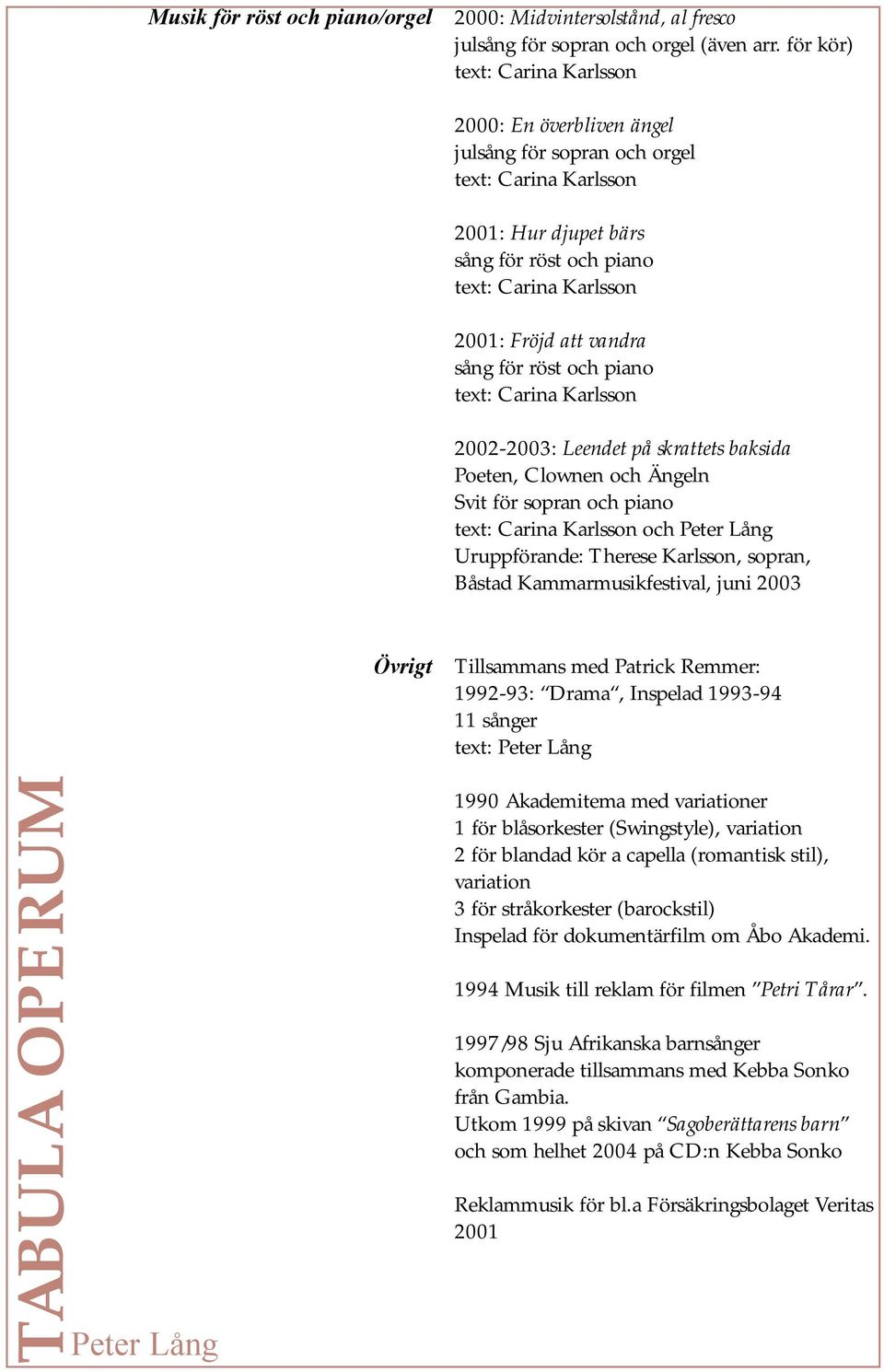 Poeten, Clownen och Ängeln Svit för sopran och piano och Uruppförande: Therese Karlsson, sopran, Båstad Kammarmusikfestival, juni 2003 Övrigt Tillsammans med Patrick Remmer: 1992-93: Drama, Inspelad