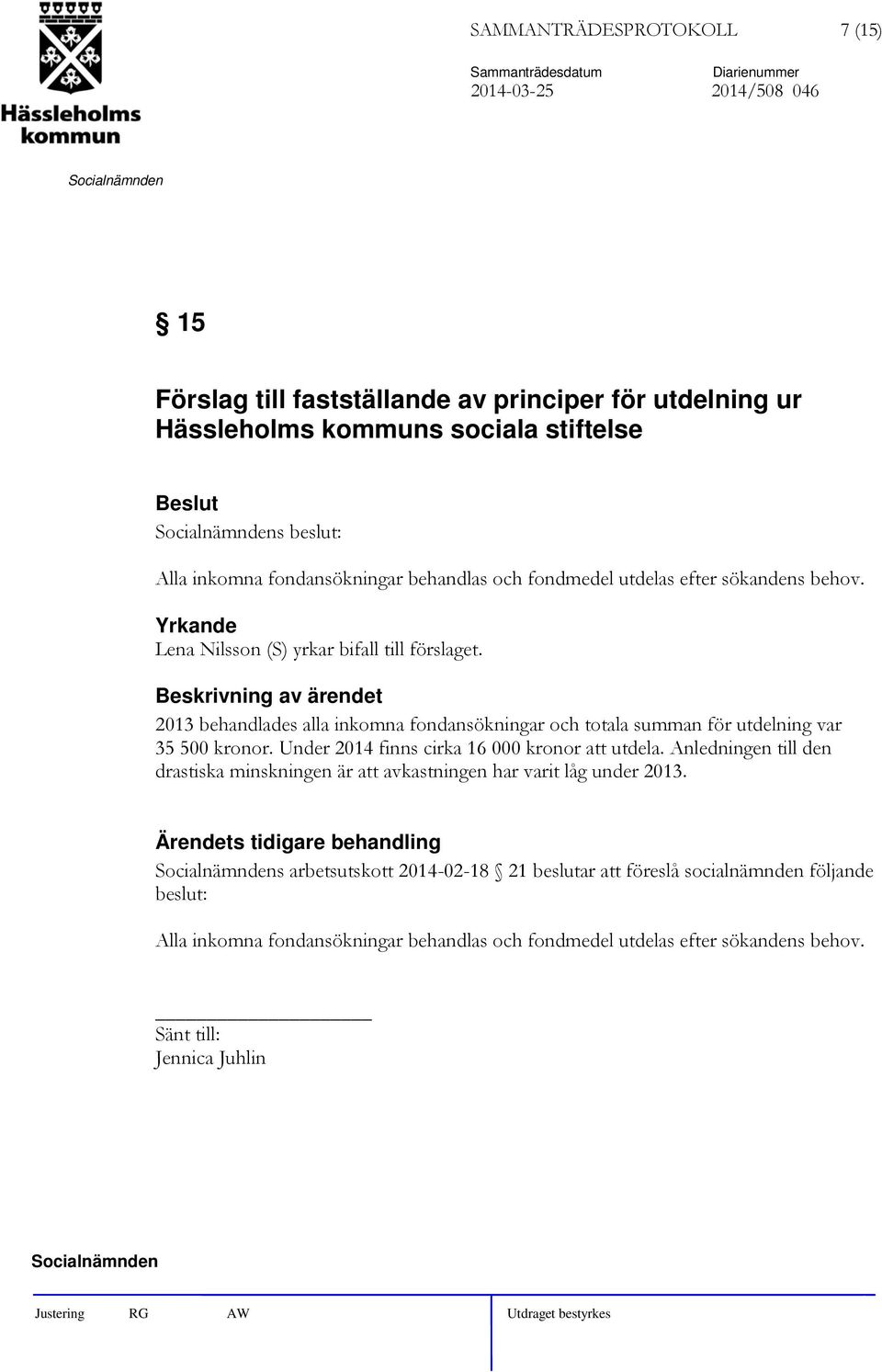 2013 behandlades alla inkomna fondansökningar och totala summan för utdelning var 35 500 kronor. Under 2014 finns cirka 16 000 kronor att utdela.