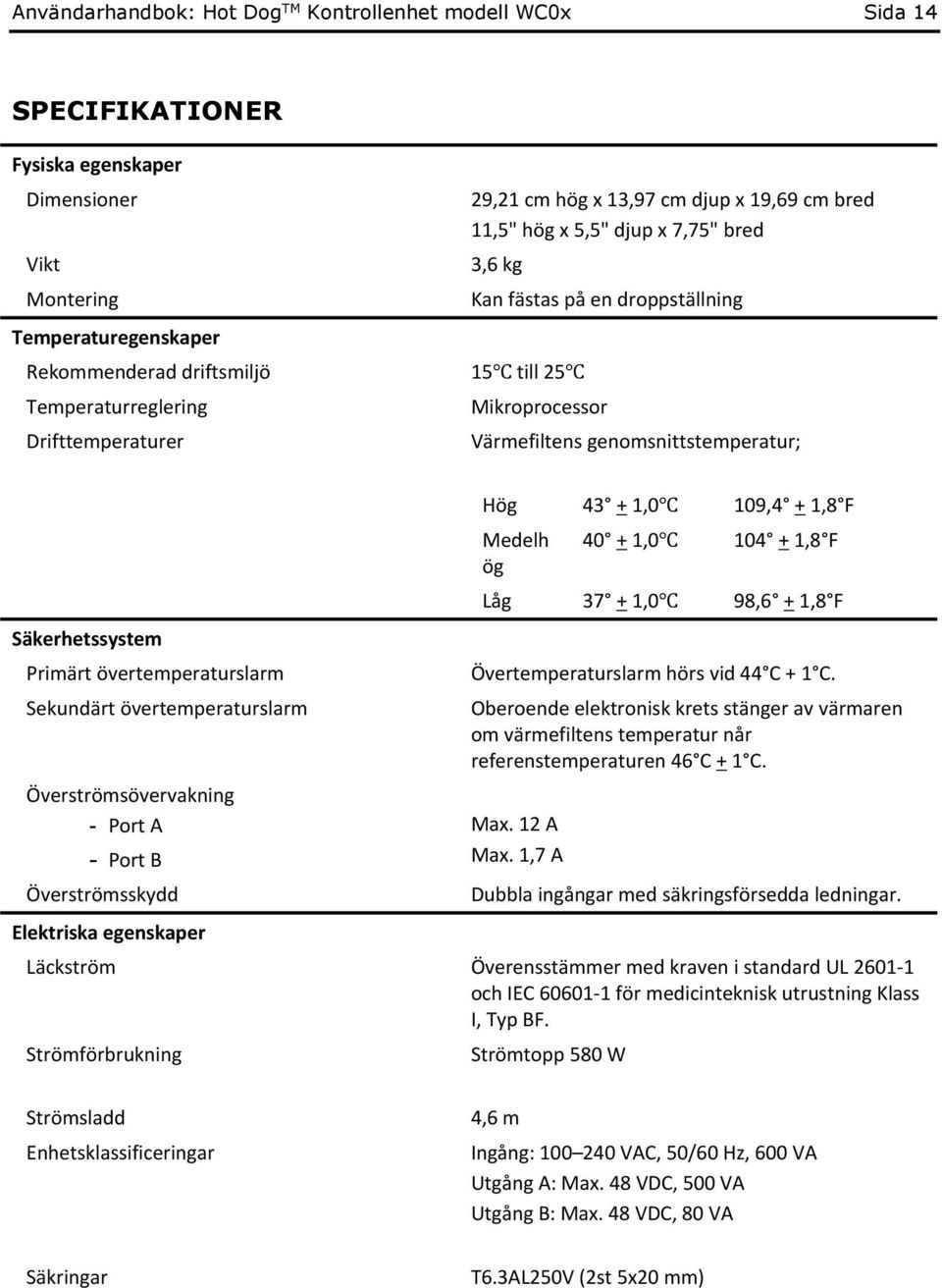 Säkerhetssystem Primärt övertemperaturslarm Sekundärt övertemperaturslarm Överströmsövervakning - Port A - Port B Överströmsskydd Elektriska egenskaper Hög 43 + 1,0 109,4 + 1,8 F Medelh ög 40 + 1,0