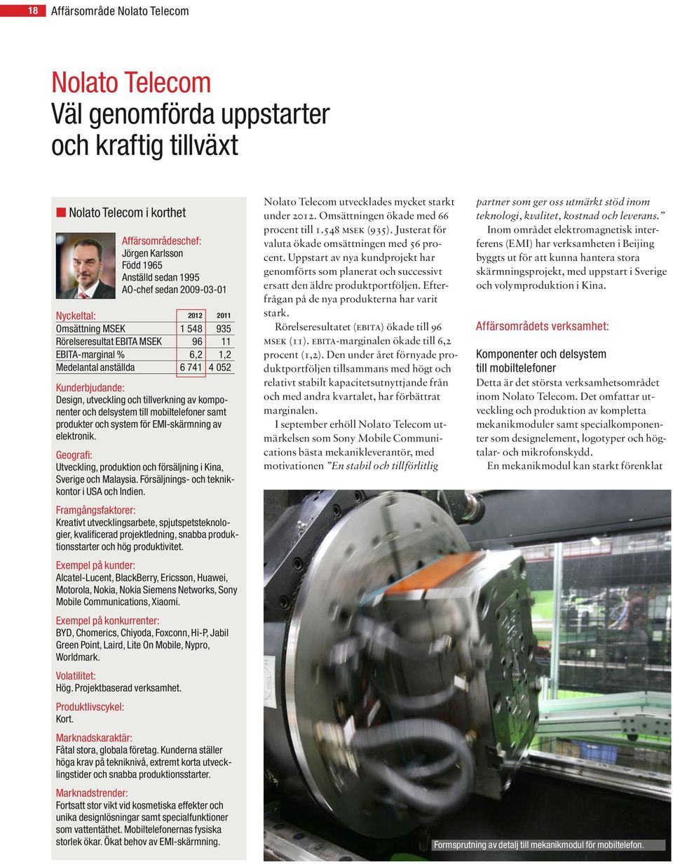 EMI-skärmning av elektronik. Geografi: Utveckling, produktion och försäljning i Kina, Sverige och Malaysia. Försäljnings- och teknikkontor i USA och Indien.