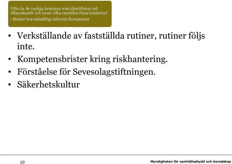 - Brister hos mänskliga faktorer/kompetens Verkställande av fastställda