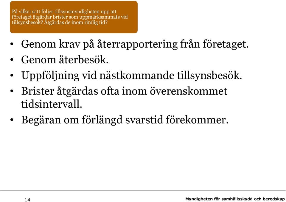 Genom krav på återrapportering från företaget. Genom återbesök.