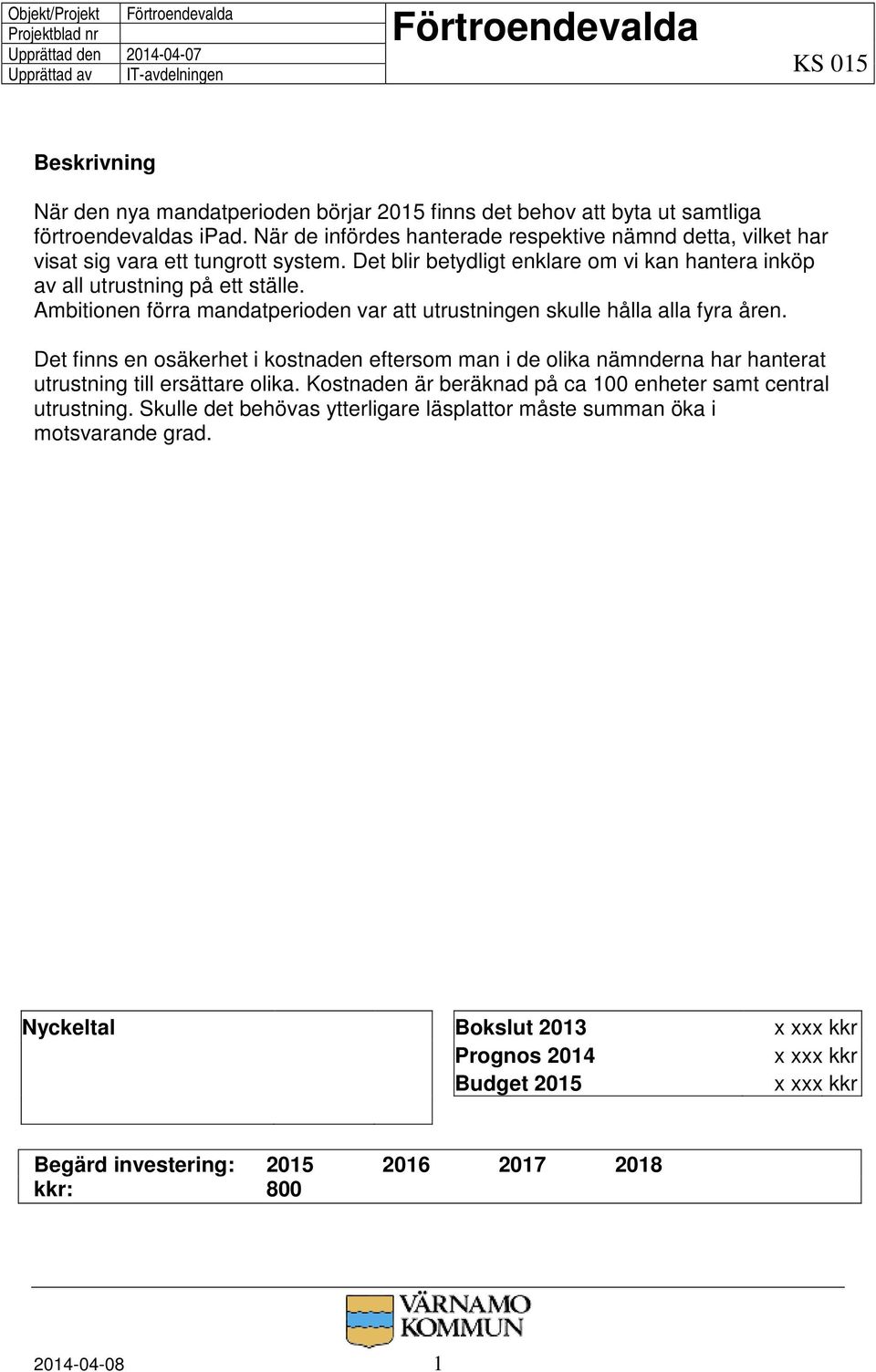 Ambitionen förra mandatperioden var att utrustningen skulle hålla alla fyra åren. Det finns en osäkerhet i kostnaden eftersom man i de olika nämnderna har hanterat utrustning till ersättare olika.