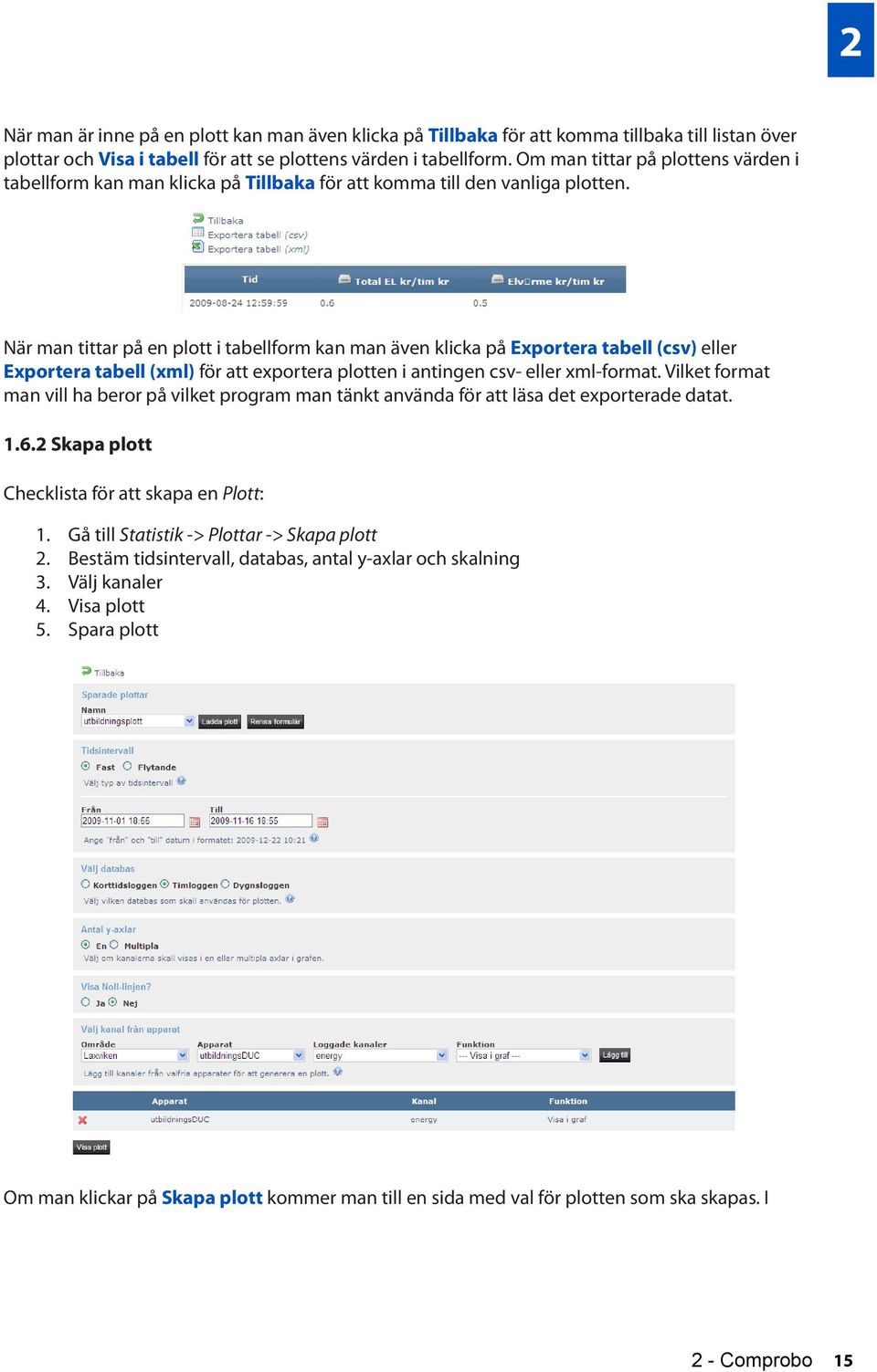 När man tittar på en plott i tabellform kan man även klicka på Exportera tabell (csv) eller Exportera tabell (xml) för att exportera plotten i antingen csv- eller xml-format.