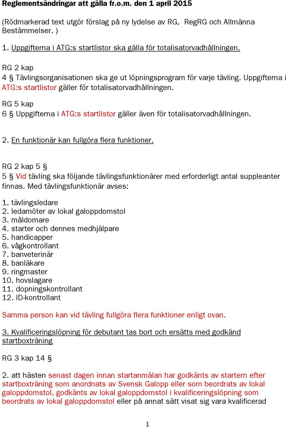 Uppgifterna i ATG:s startlistor gäller för totalisatorvadhållningen. RG 5 kap 6 Uppgifterna i ATG:s startlistor gäller även för totalisatorvadhållningen. 2.