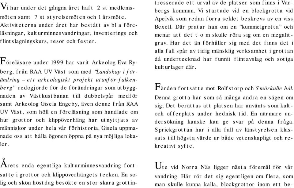 Föreläsare under 1999 har varit Arkeolog Eva Ryberg, från RAA UV Väst som med Landskap i förändring ett arkeologiskt projekt utanför falkenberg redogjorde för de förändringar som utbyggnaden av