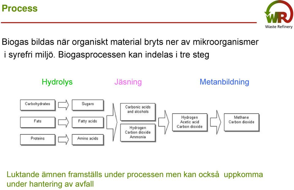 Biogasprocessen kan indelas i tre steg Hydrolys Jäsning