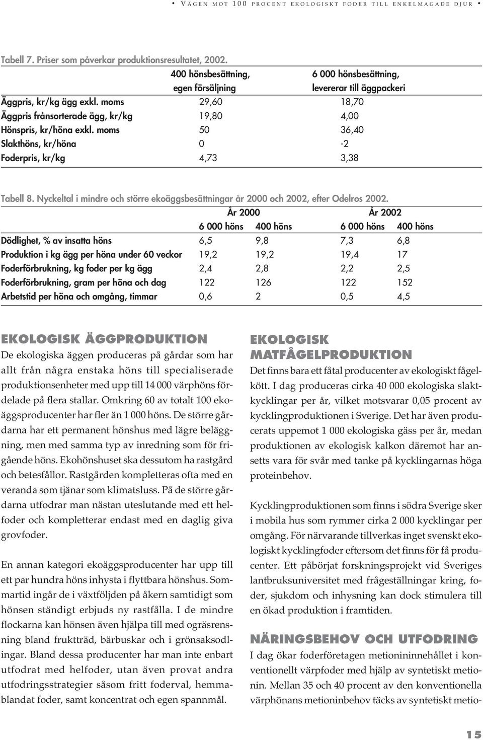 Nyckeltal i mindre och större ekoäggsbesättningar år 2000 och 2002, efter Odelros 2002.