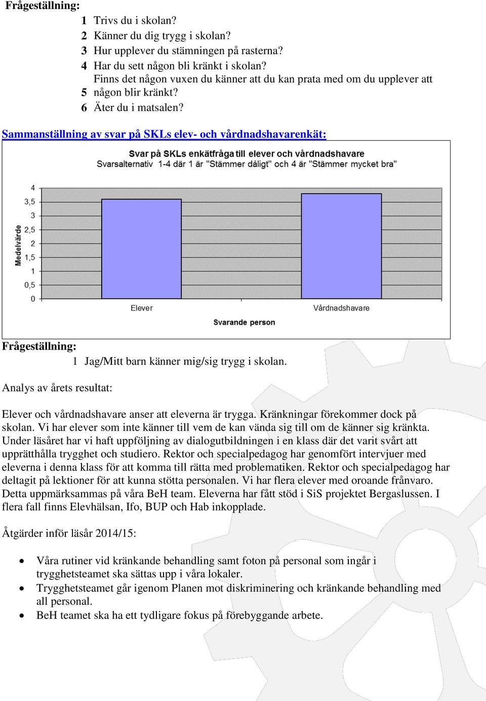 Sammanställning av svar på SKLs elev- och vårdnadshavarenkät: Frågeställning: 1 Jag/Mitt barn känner mig/sig trygg i skolan.