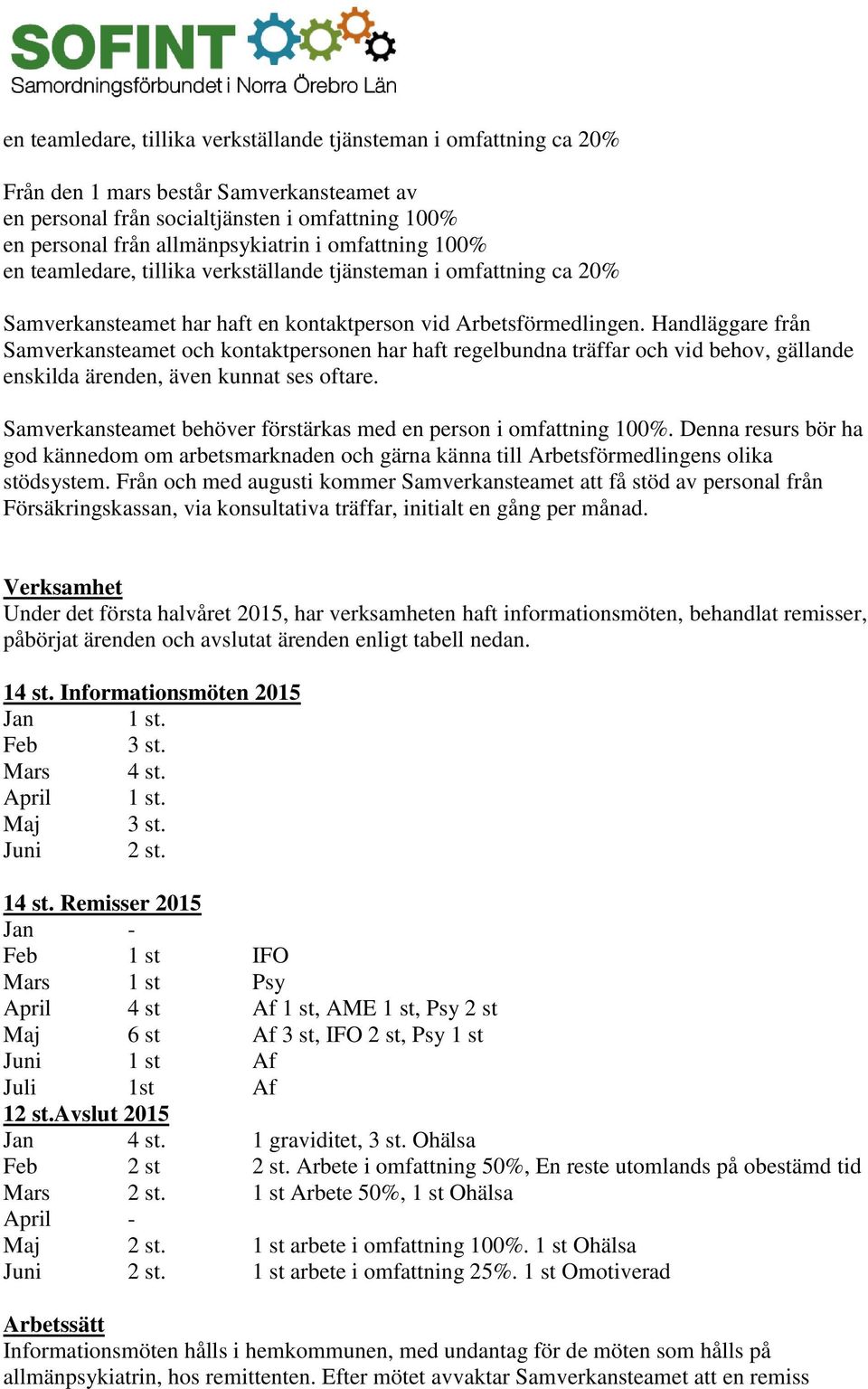 Handläggare från Samverkansteamet och kontaktpersonen har haft regelbundna träffar och vid behov, gällande enskilda ärenden, även kunnat ses oftare.