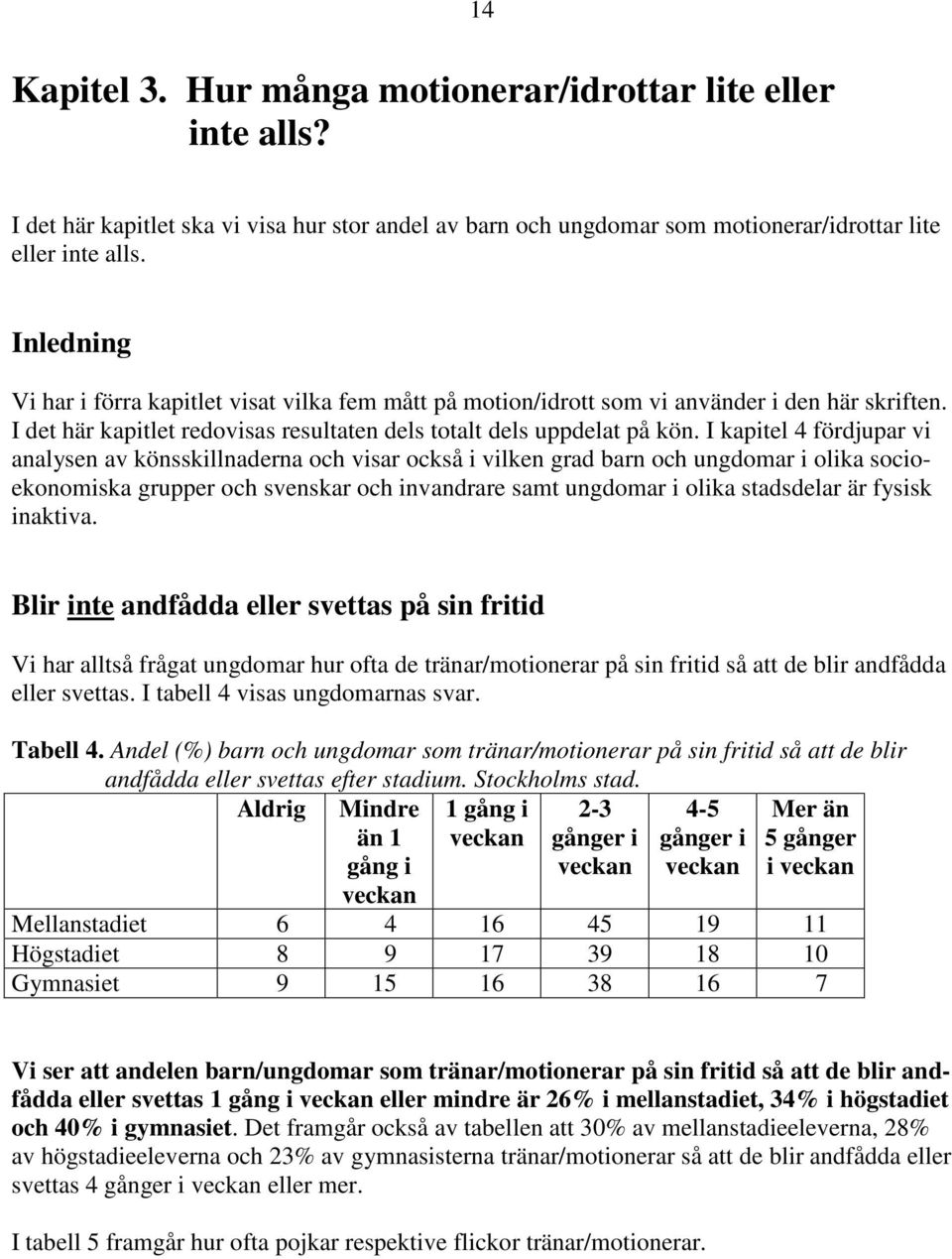 I kapitel 4 fördjupar vi analysen av könsskillnaderna och visar också i vilken grad barn och ungdomar i olika socioekonomiska grupper och svenskar och invandrare samt ungdomar i olika stadsdelar är