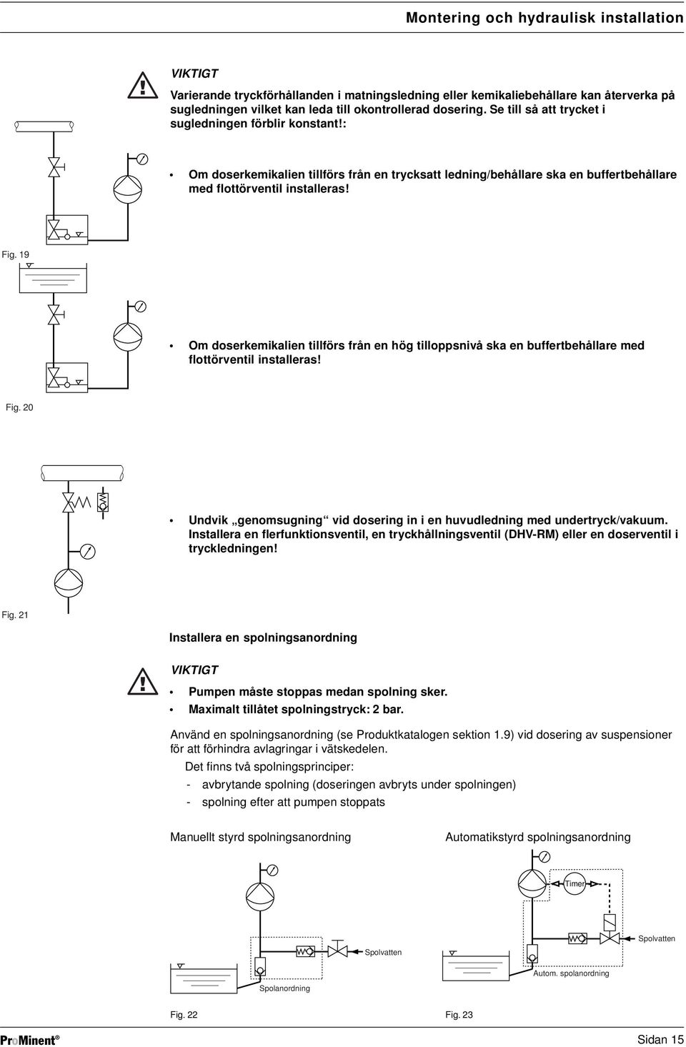 19 Om doserkemikalien tillförs från en hög tilloppsnivå ska en buffertbehållare med flottörventil installeras! Fig. 20 Undvik genomsugning vid dosering in i en huvudledning med undertryck/vakuum.