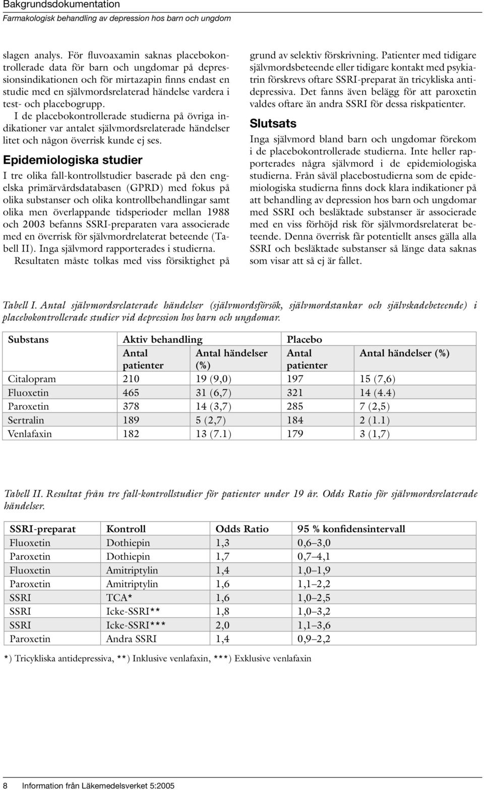 placebogrupp. I de placebokontrollerade studierna på övriga indikationer var antalet självmordsrelaterade händelser litet och någon överrisk kunde ej ses.